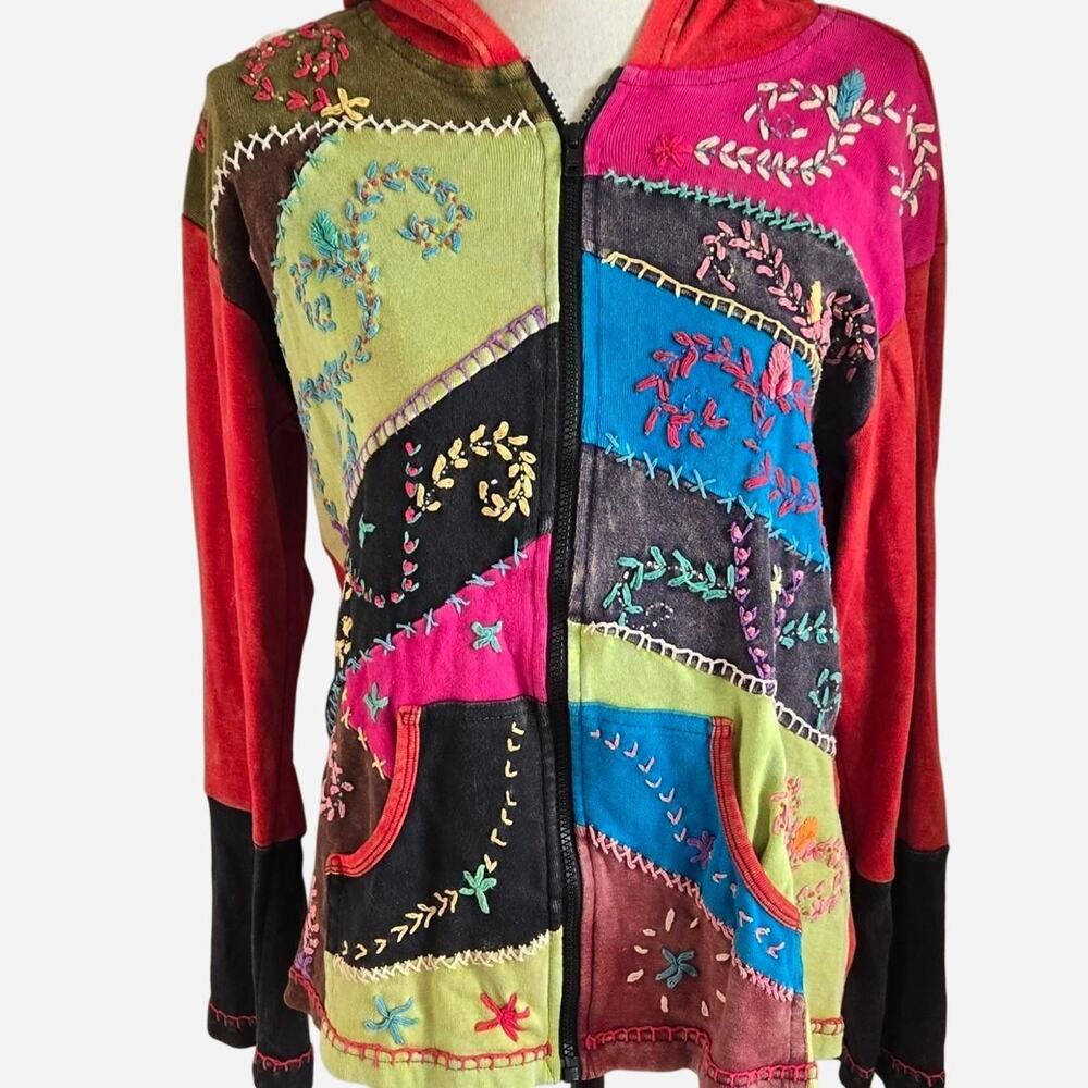 Embroidered hoodie with a unique patchwork design medium?